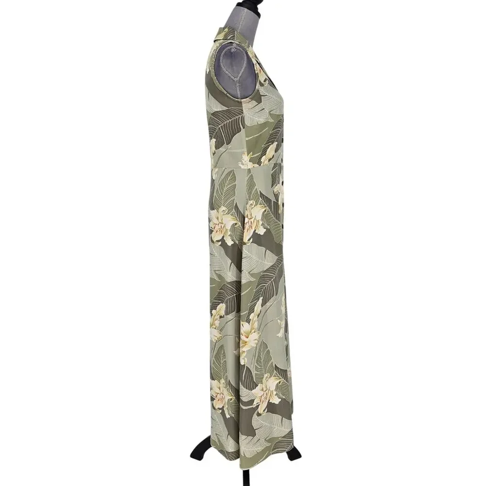 Tommy Bahama Dress Womens XS Silk Beige Floral Button Up Hawaiian Maxi Vintage